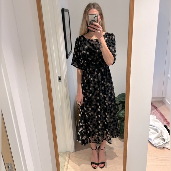 Handmade Velvet Velour Silver Black Polka Dot Maxi Midi Mesh Lined Dress - Picture 4 of 13